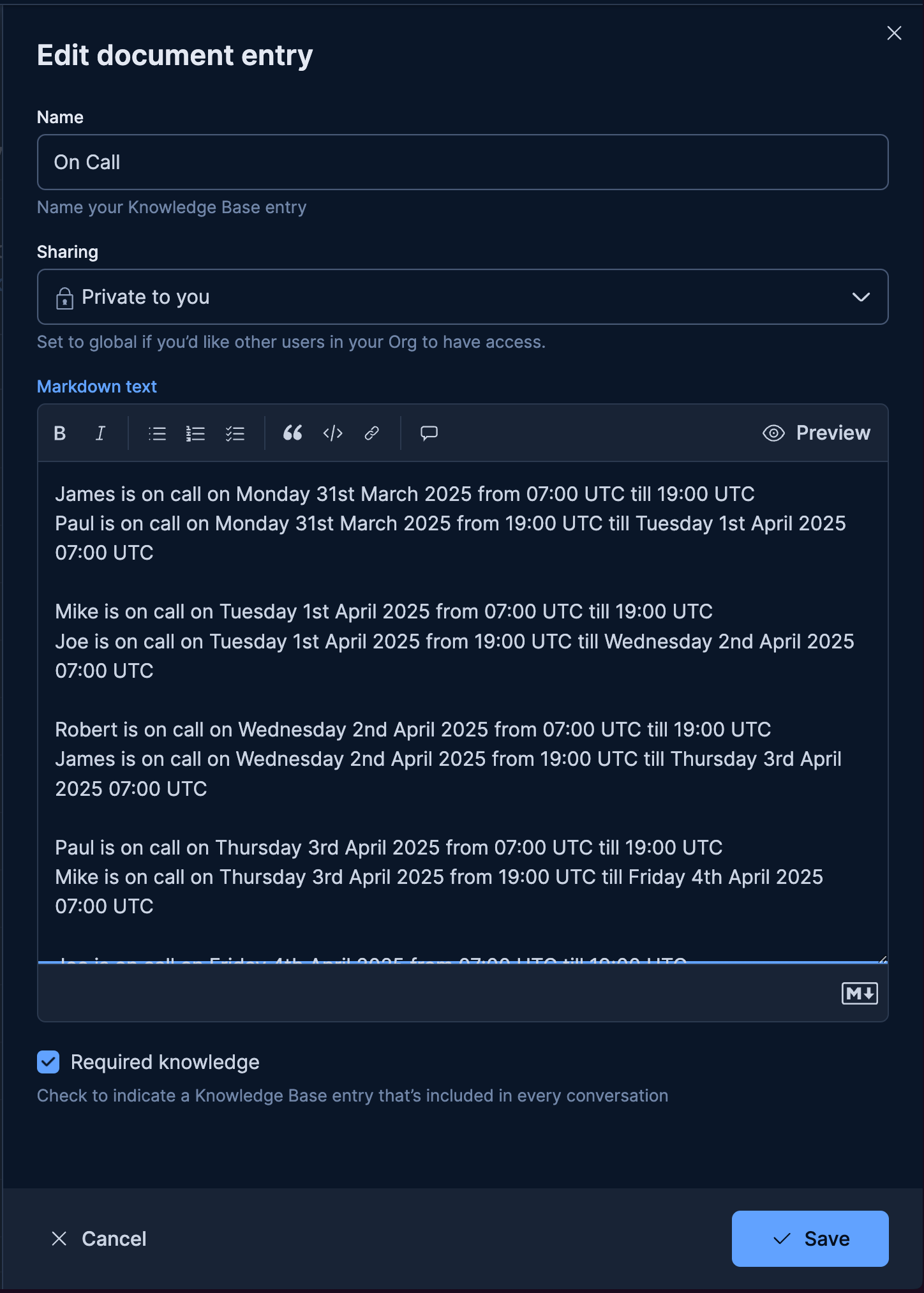 Adding on-call schedules as context for the AI Assistant